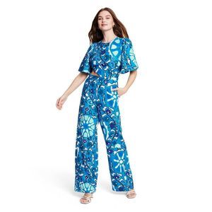 Women's Large Zinnia Floral Print Bell Sleeve Cut Out Jumpsuit - RHODE Blue